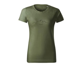 An olive green t-shirt with a minimalist mountain design on the front. It has a round neckline and short sleeves.