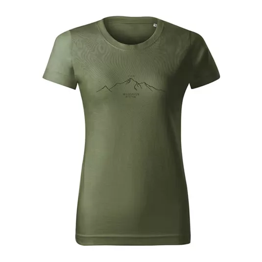 An olive green t-shirt with a minimalist mountain design on the front. It has a round neckline and short sleeves.