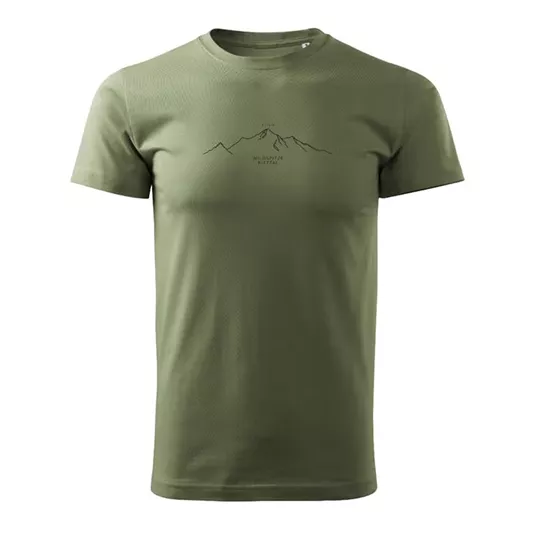A green T-shirt with a printed mountain motif in the center. It has short sleeves and a classic cut.