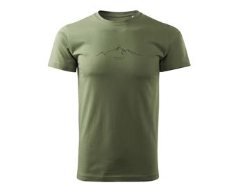A green T-shirt with a printed mountain motif in the center. It has short sleeves and a classic cut.