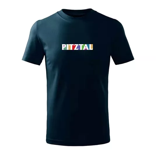 A black T-shirt with the colorful lettering "PITZTAL" on the front. It has a simple, modern cut.