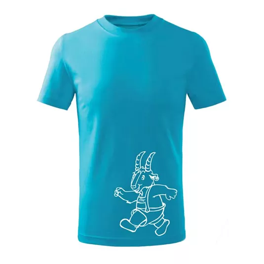 A blue T-shirt with a white comic motif of a running goat. The design is simple and playful.