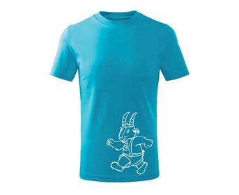 Ein blaues T-Shirt mit einem weißen Comic-Motiv einer laufenden Ziege. Das Design ist einfach und verspielt.