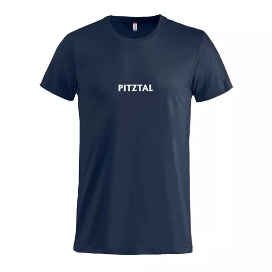 Ein schlichtes, dunkelblaues T-Shirt mit dem Schriftzug "PITZTAL" in weißer Schrift. Ideal für Freizeitaktivitäten oder als Souvenir.