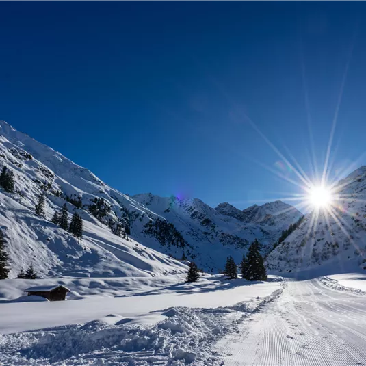 A snowy mountain landscape with bright sunshine. In the foreground, a snow-covered road and scattered huts are visible.