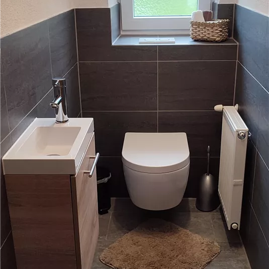 Ein modernes Badezimmer mit einem Wand-WC und einem schwebenden Waschbecken. Das Zimmer hat eine helle Fensterfront und einen eleganten Fliesenboden.