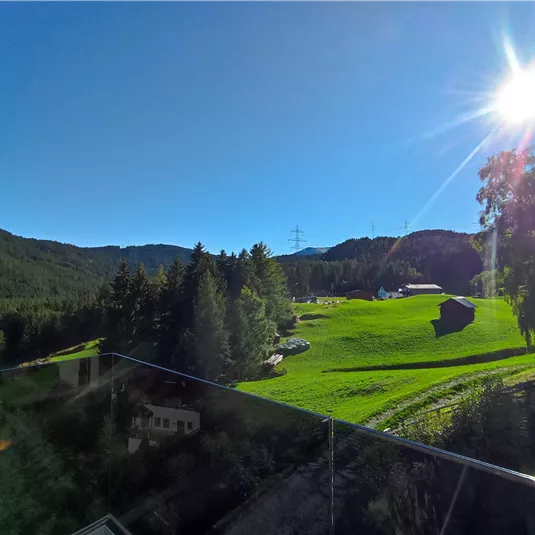 A green meadow surrounded by trees and mountains under a clear blue sky. The sun is shining brightly, creating a pleasant atmosphere.