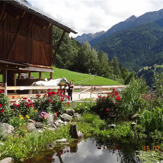 Ein malerischer Bauernhof mit einem weißen Pferd und bunten Blumen im Vordergrund. Im Hintergrund erstrecken sich majestätische Berge unter einem bewölkten Himmel.