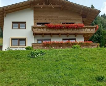 Ein schönes Haus auf einer Wiese mit Balkonen voller Blumen. Im Hintergrund sind Bäume und ein klarer Himmel zu sehen.