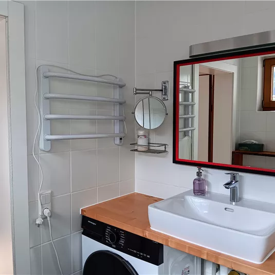 Ein modernes Badezimmer mit einem Waschbecken und einem großen Spiegel. Im Hintergrund sind eine Waschmaschine und ein Fenster sichtbar.