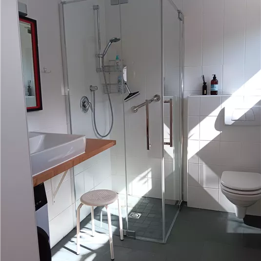 Ein modernes Badezimmer mit einer Glasdusche und einem Waschbecken auf einem Holzregal. Der Raum ist hell und freundlicher, mit Sonnenlicht, das durch das Fenster scheint.