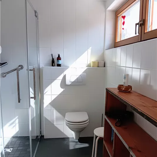 Ein modernes Badezimmer mit einer Dusche und einem Fenster. Der Raum ist hell und aufgeräumt, mit Holzregalen und minimalistischer Einrichtung.