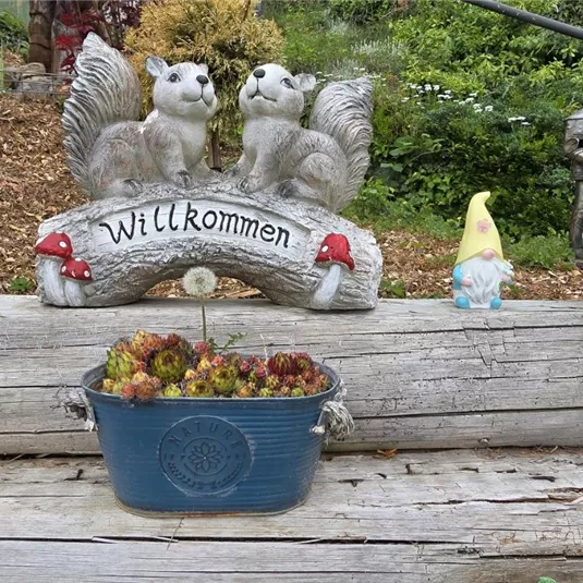 A friendly garden landscape with two squirrel statues and a "Welcome" sign. Various garden figures and decorated plant containers with grapes are also visible.