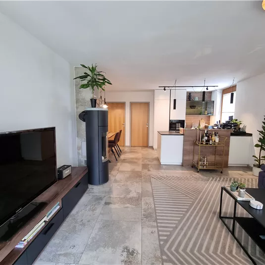 A modern living room with a large television and a cozy couch. The open kitchen in the background is well equipped and there are some green plants in the room.