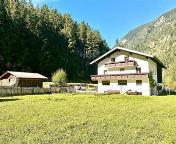 Ein rustikales Haus umgeben von grünen Wiesen und dichten Wäldern. Im Hintergrund sind Berge sichtbar, die eine malerische Kulisse bieten.