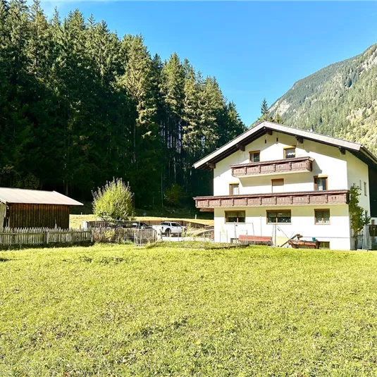A rustic house surrounded by green meadows and dense forests. In the background, mountains are visible, providing a picturesque backdrop.