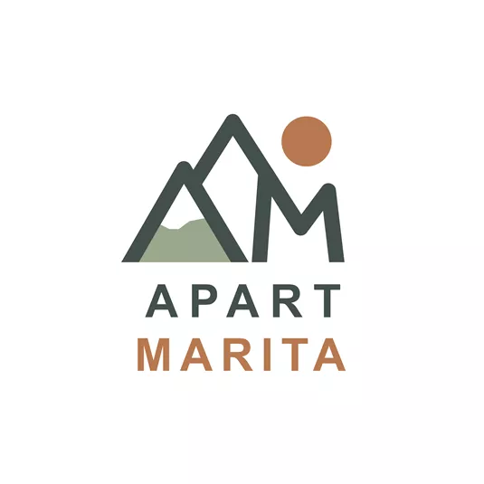 A stylized logo featuring mountains and a sun. Below it is the name "APART MARITA".