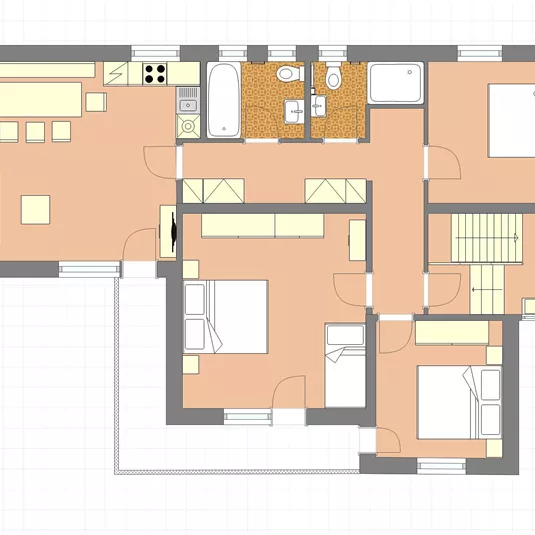 A room layout of an apartment with several rooms, including a kitchen and a living room. The rooms are clearly structured and well-arranged.