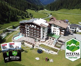 A modern hotel in the Tyrolean Alps with an outdoor pool and a beautiful garden. In the foreground, the Pitztal Summer Card and the partner's logo are visible.