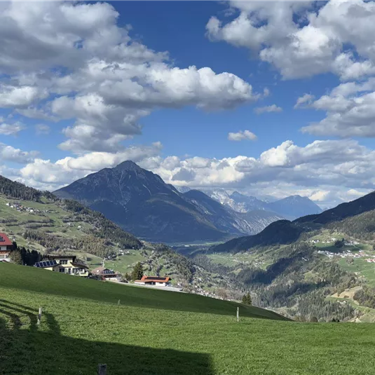 A picturesque mountain landscape with green meadows and modern buildings. In the background, majestic mountains and an expansive sky with white clouds can be seen.