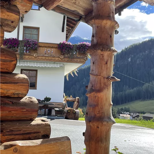 Ein traditionelles Chalet umgeben von Bergen und Bäumen. Der Blick zeigt Holzsäulen und blühende Pflanzen am Fenster.
