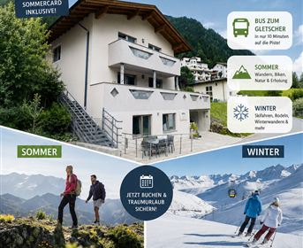 A captivating ad for the Jägerhof in the Pitztal with images of summer and winter activities. It showcases the accommodation and activities in the mountains for an unforgettable vacation.