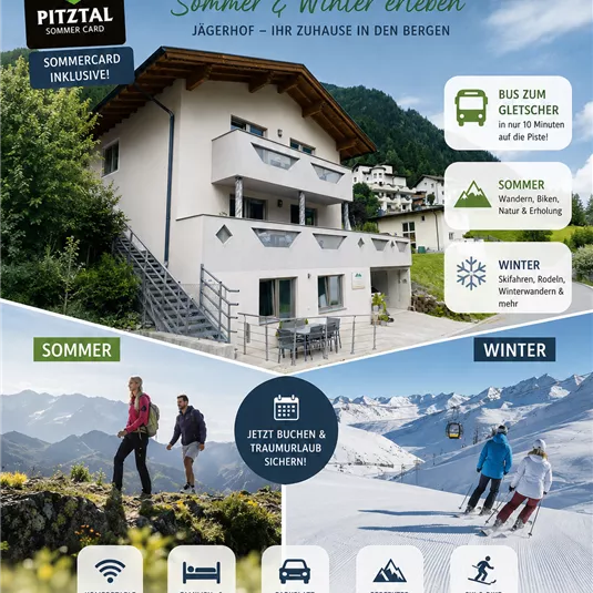 A captivating ad for the Jägerhof in the Pitztal with images of summer and winter activities. It showcases the accommodation and activities in the mountains for an unforgettable vacation.