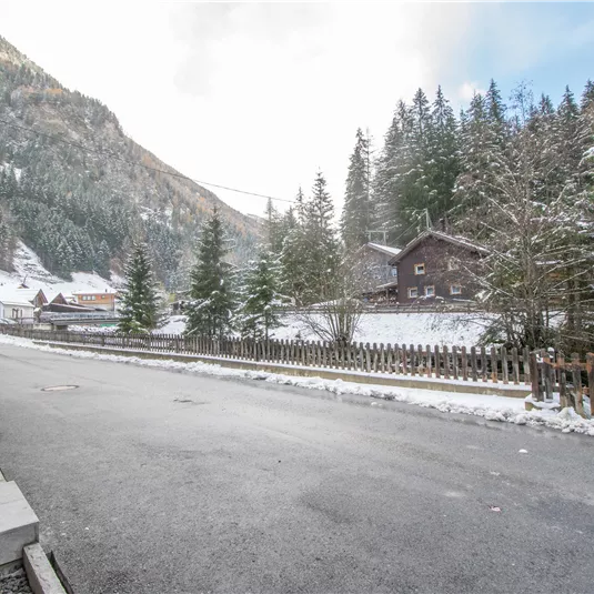 A winter landscape with snow-covered mountains and fir trees. On the road, small, cozy houses can be seen.
