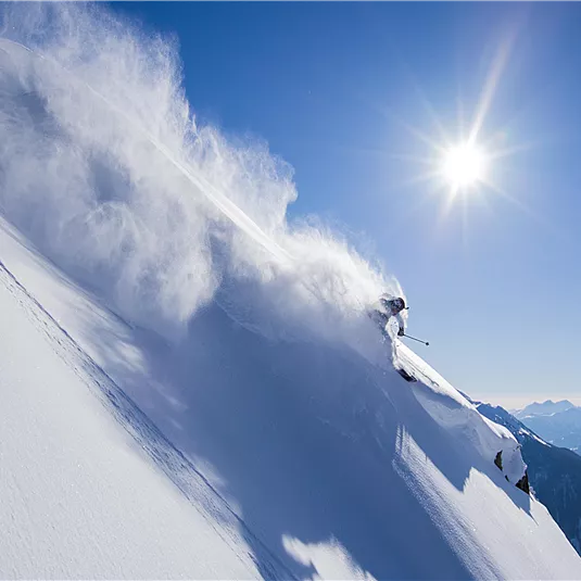 Ein Skifahrer fährt durch frischen Pulverschnee unter einem klaren, blauen Himmel. Die Sonne strahlt hell und sorgt für ein wunderschönes Winterpanorama.