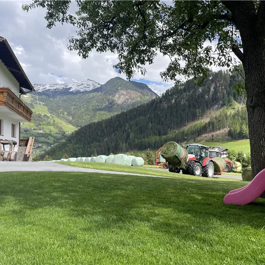 Ein idyllischer Bauernhof mit einem schönen Rasen, einem Traktor und Bergblick. Im Vordergrund steht ein Spielgerät für Kinder.
