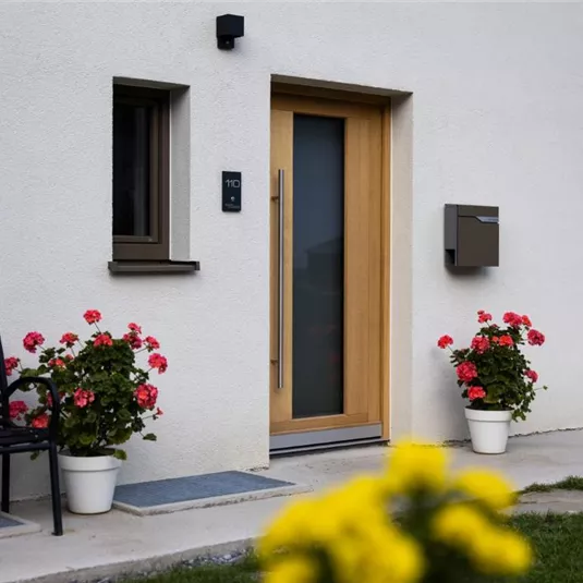 Ein modernes Haus mit einer Holzhaustür und großen Fenstern. Auf der Terrasse stehen blühende Blumen in Töpfen und eine Bank lädt zum Sitzen ein.