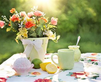 Ein schöner Tisch mit einer Blumenvase, limonengelben Zitrusfrüchten und einem Becher. Im Hintergrund scheint die Sonne und das Grün sorgt für eine frische Atmosphäre.