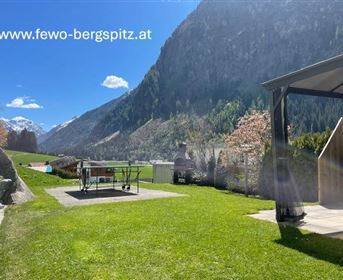 Eine grüne Wiese mit Blick auf majestätische Berge und blauen Himmel. Im Vordergrund befindet sich eine Terrasse mit einem Grill.