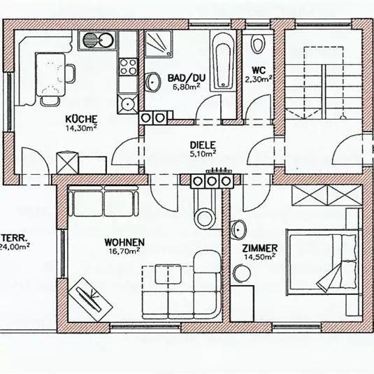A clear floor plan drawing of an apartment with several rooms. The main areas are kitchen, bathroom, living room, and bedroom.