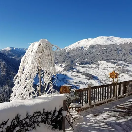 A snowy mountain landscape under a clear blue sky. In the foreground stands a snow-covered tree and a wooden terrace.