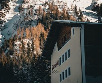 Ein Chalet in den Bergen mit schneebedeckten Gipfeln im Hintergrund. Umgeben von Tannen und herbstlichen Bäumen.
