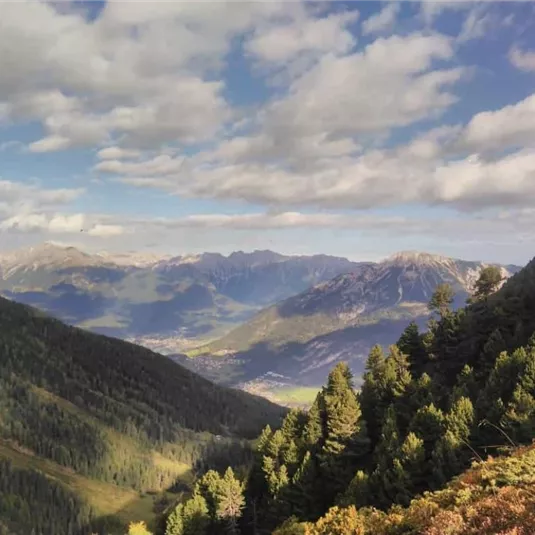 Eine atemberaubende Berglandschaft mit grünen Wäldern und majestätischen Gipfeln. Der Himmel ist teilweise bewölkt und das Tal ist gut sichtbar.