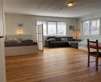 A bright living room with wooden flooring. There is a bed, a couch, and a dining table.