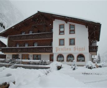 A charming guesthouse in winter, surrounded by snow. The facade is traditional and cozy, ideal for a stay in nature.