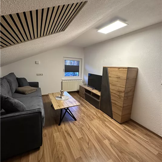 A cozy living room with a gray sofa and a wooden table. The room has a modern look with a television and a wooden chest of drawers.