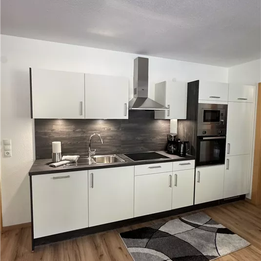 A modern kitchen with white cabinets and a dark wall. The floor is covered with a carpet in black and gray.