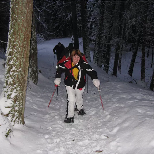A group of people is hiking in the snow-covered forest. The surroundings are calm and wintry, with tall trees and fresh snow.