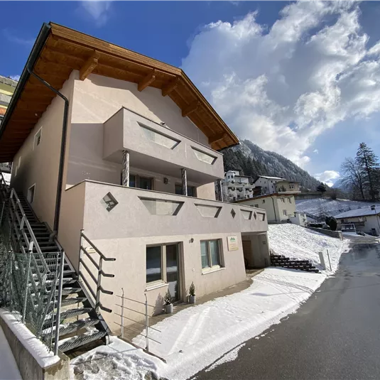 A modern house in the snow with a wood-paneled facade. In the background, there are mountains and a clear blue sky.