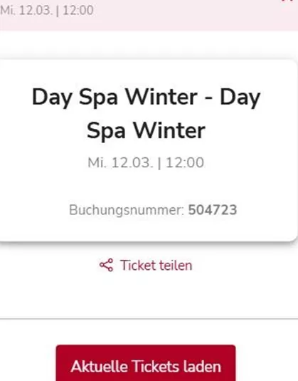 A screenshot of a website that shows information about a day spa offer in the Pitztal. The date and booking number are also visible.