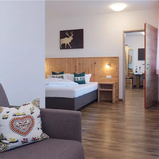 A modern room with a cozy sofa and wood paneling. In the background, there is a comfortable bed and a bright bathroom.