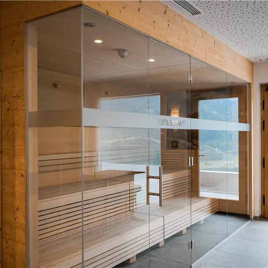 Ein moderner Saunabereich mit Glaswänden und Holzverkleidung. Durch große Fenster ist ein Blick auf die Berge sichtbar.