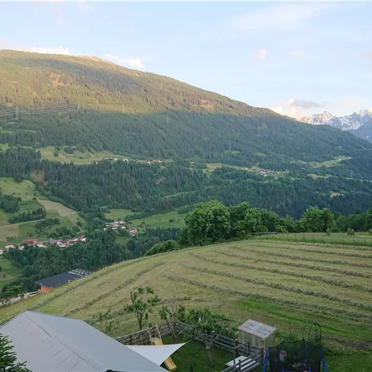 Eine malerische Landschaft mit sanften Hügeln und bewaldeten Bergen. Im Hintergrund sind schneebedeckte Gipfel sichtbar.