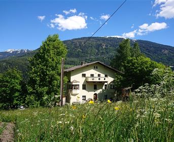Ein charmantes Haus umgeben von grünen Wiesen und hohen Bäumen. Im Hintergrund sieht man majestätische Berge und einen blauen Himmel mit weißen Wolken.
