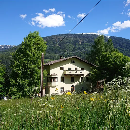 Ein charmantes Haus umgeben von grünen Wiesen und hohen Bäumen. Im Hintergrund sieht man majestätische Berge und einen blauen Himmel mit weißen Wolken.