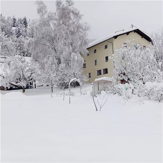 A snowy winter landscape with a yellow house in the background. The trees are covered with snow and the ground is white and clear.